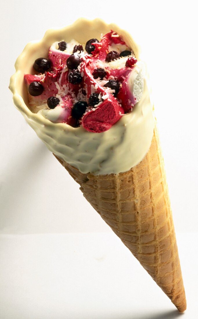 vanilla and summer fruit ice cream cone