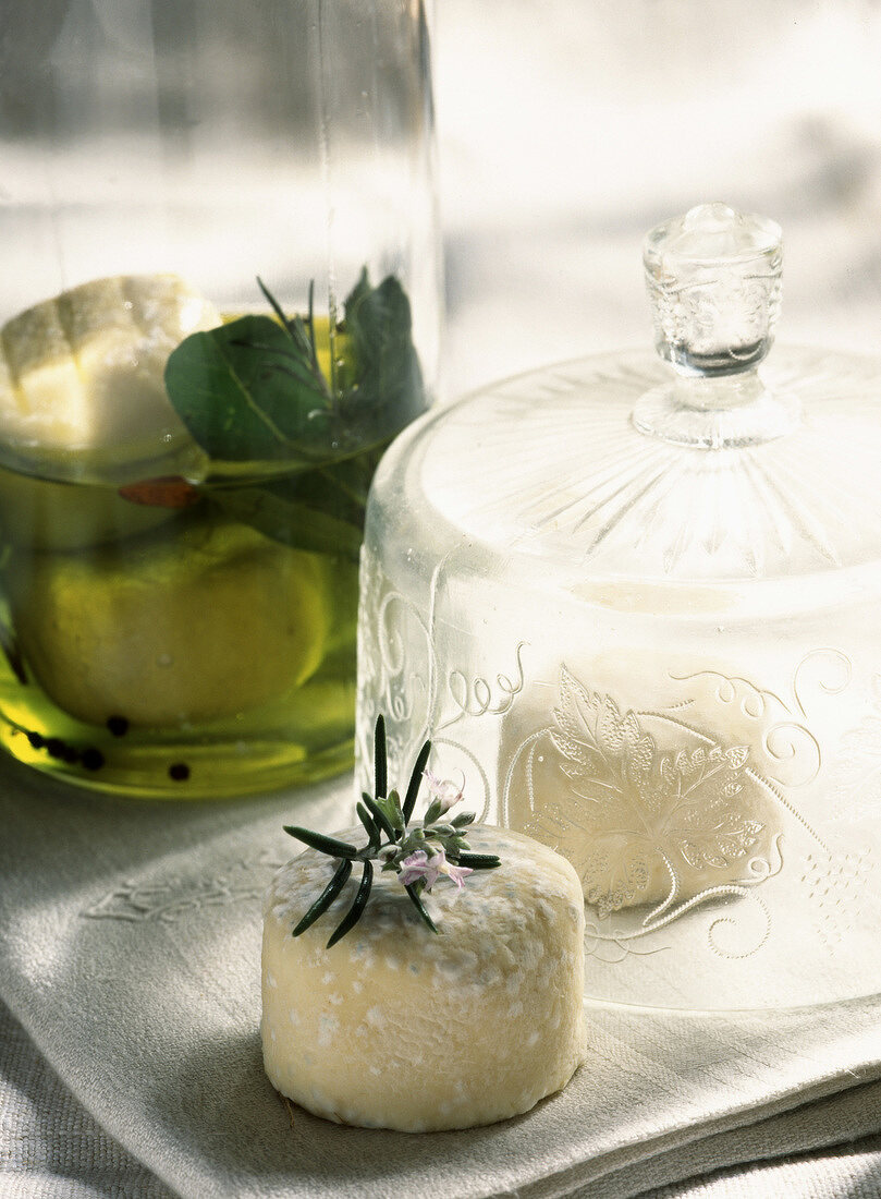 In Olivenöl und Kräutern eingelegter Ziegenkäse