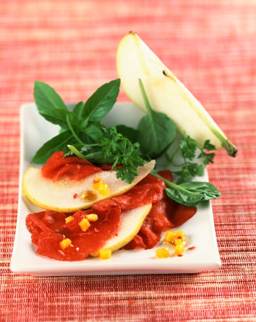 Beef carpaccio with pears