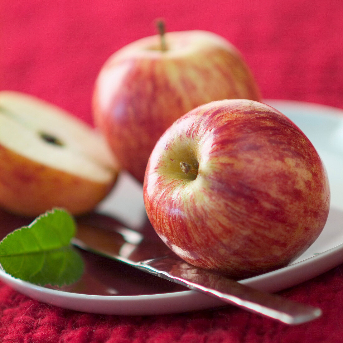 Zwei Äpfel mit Messer auf Teller