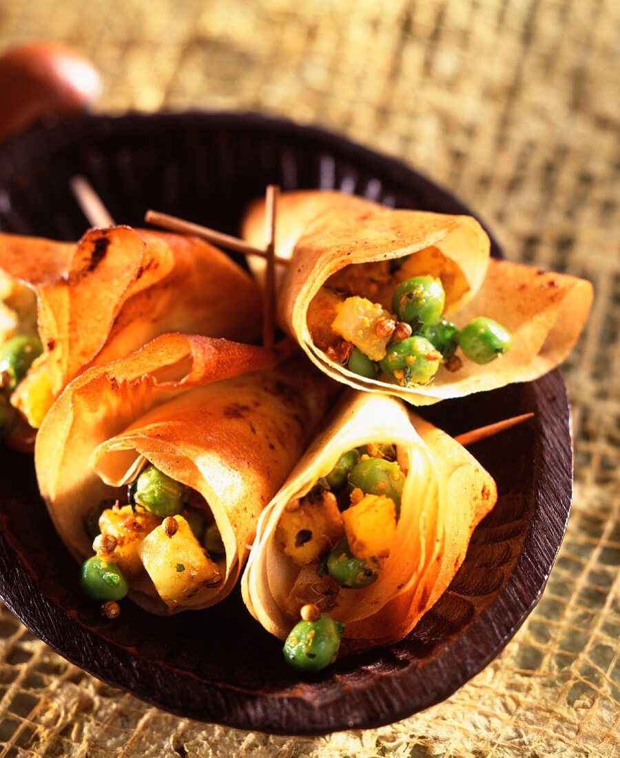 Curried peas in filo pastry