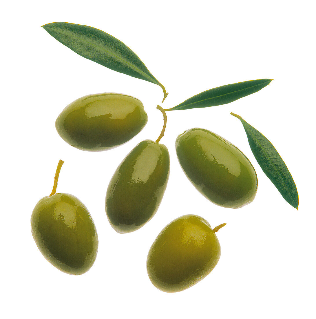 Grüne Oliven mit Blättern auf weißem Hintergrund
