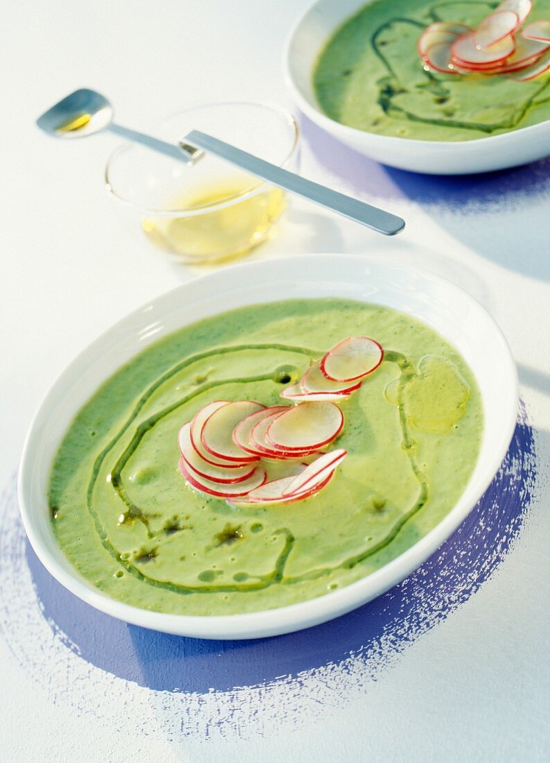 creamed courgette and pink radish soup with hazelnut oil