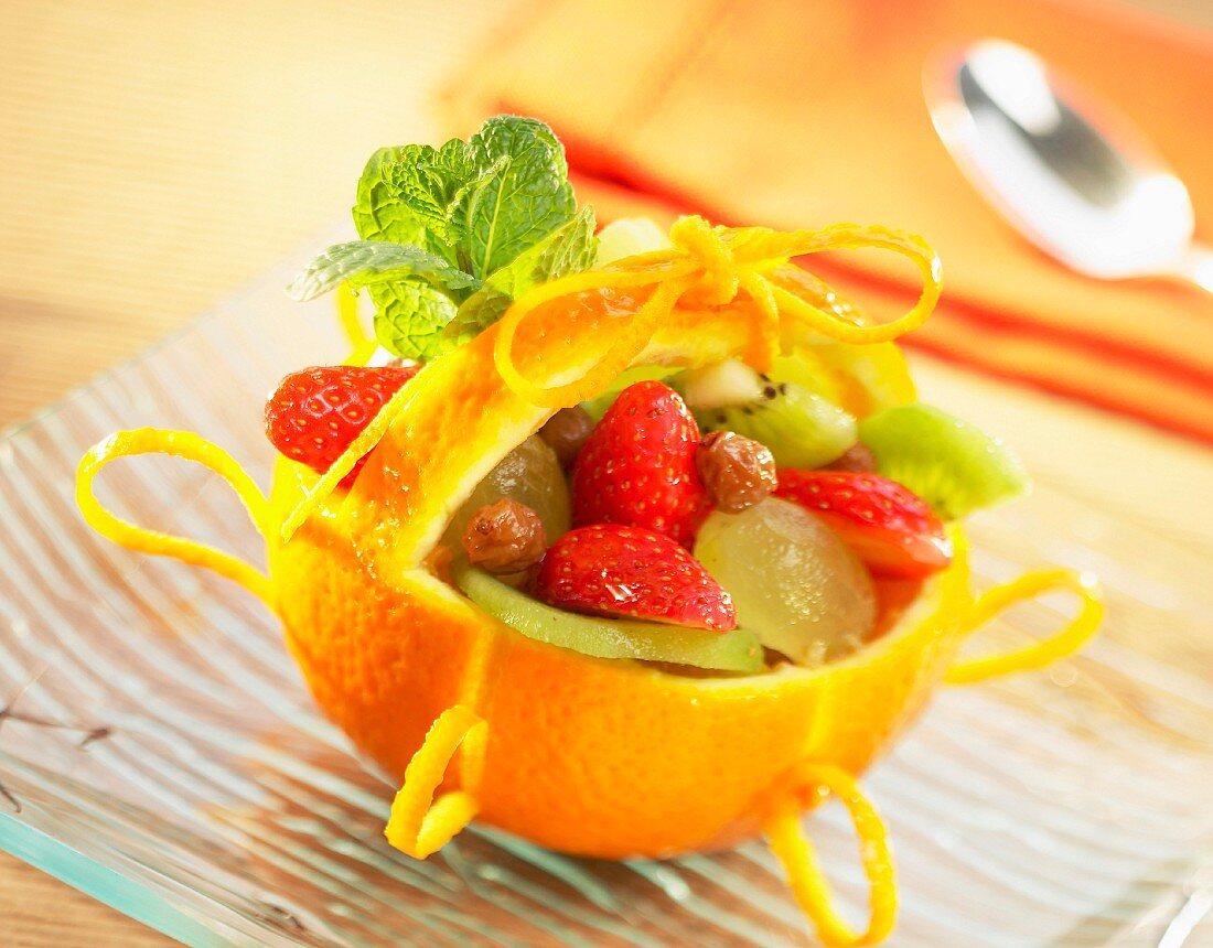 Fruit salad in orange basket