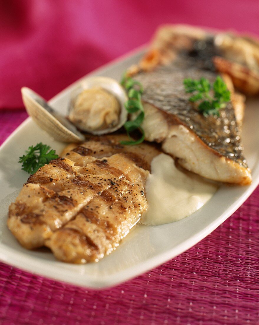 grilled sea bass with white sauce