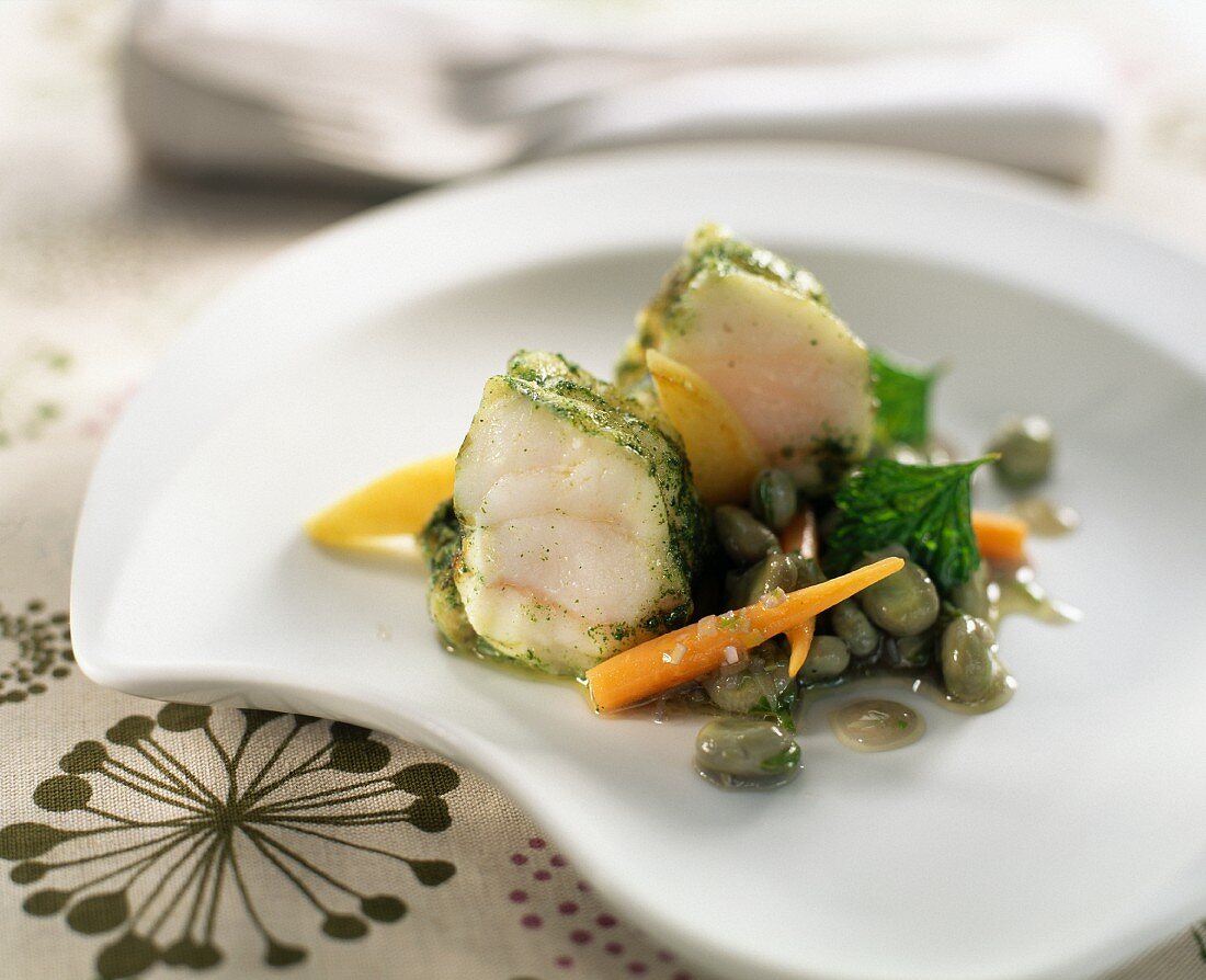 monkfish tail with mint, beans, carrots and apples