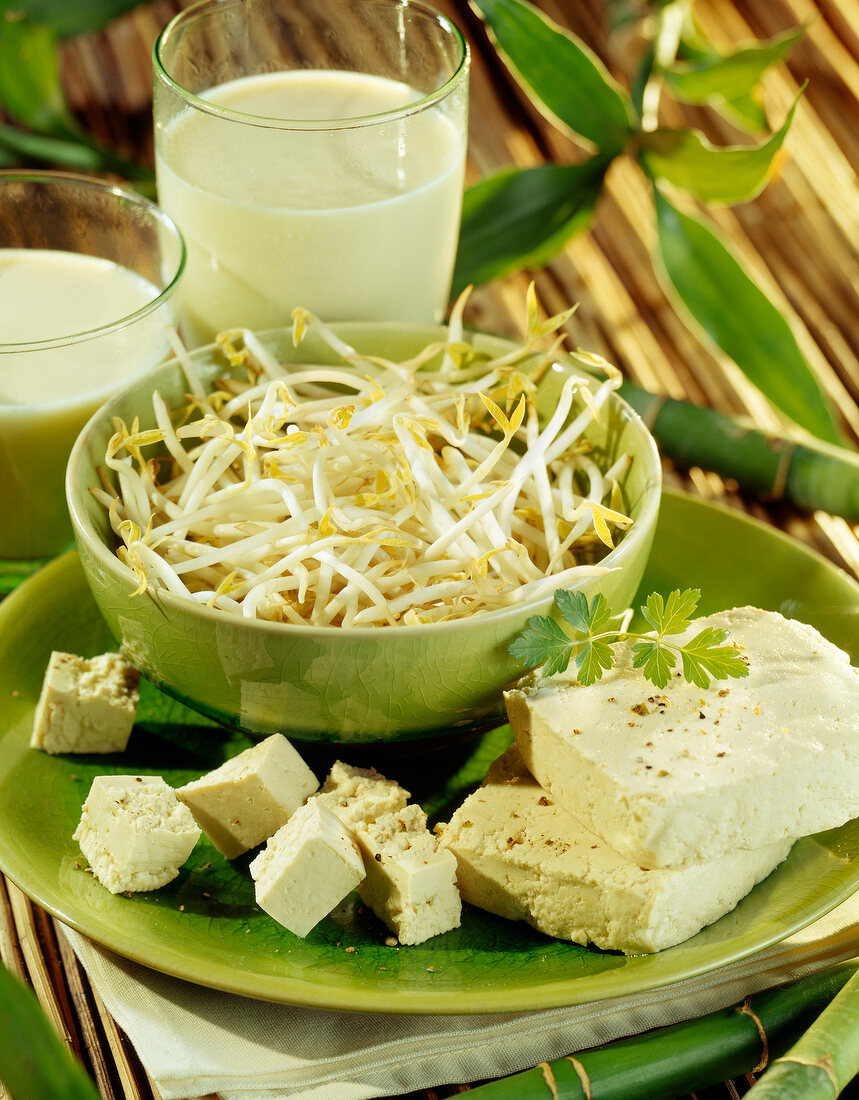 Stillleben mit Tofu, Sojasprossen und Sojadrink