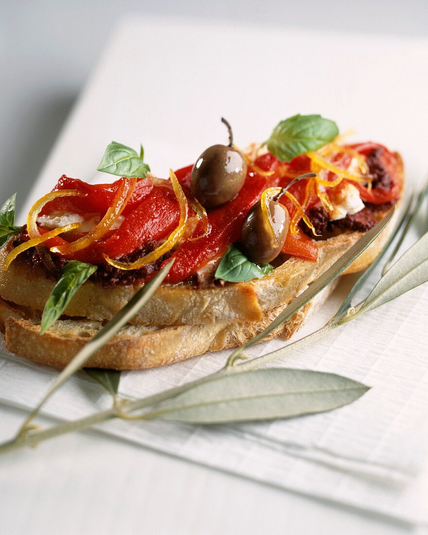 Tapenade and peppers on toast