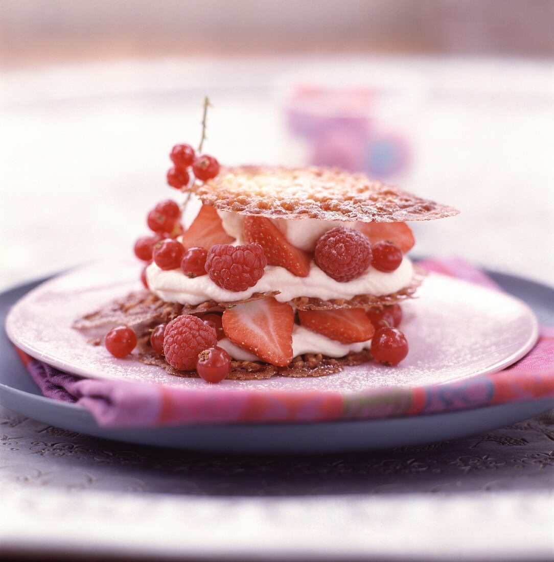 mille-feuille with red fruits and cottage cheese