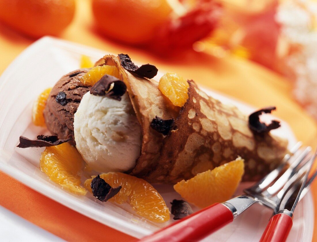 Pancake filled with chocolate and pear ice cream