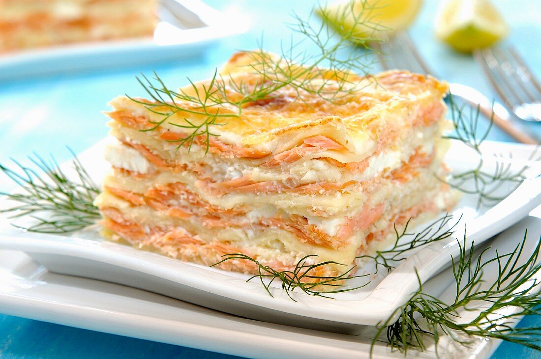 A slice of salmon lasagne