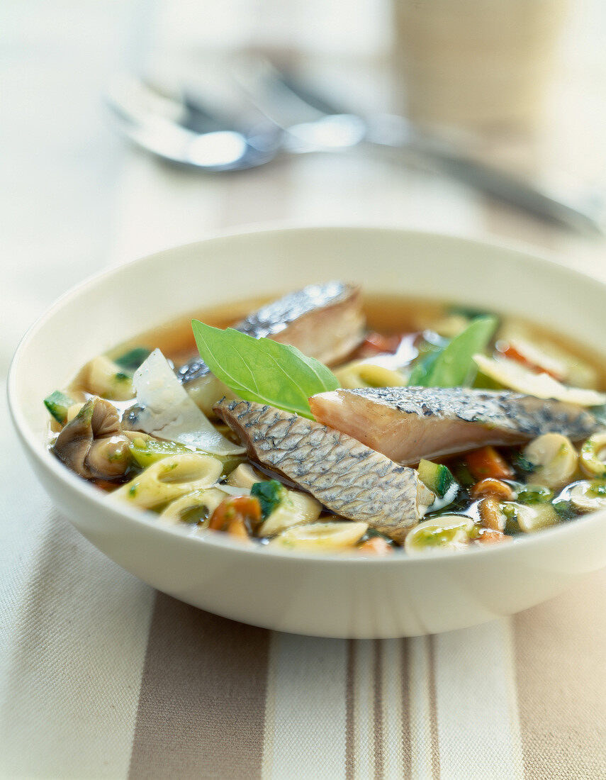 Penne and fish soup