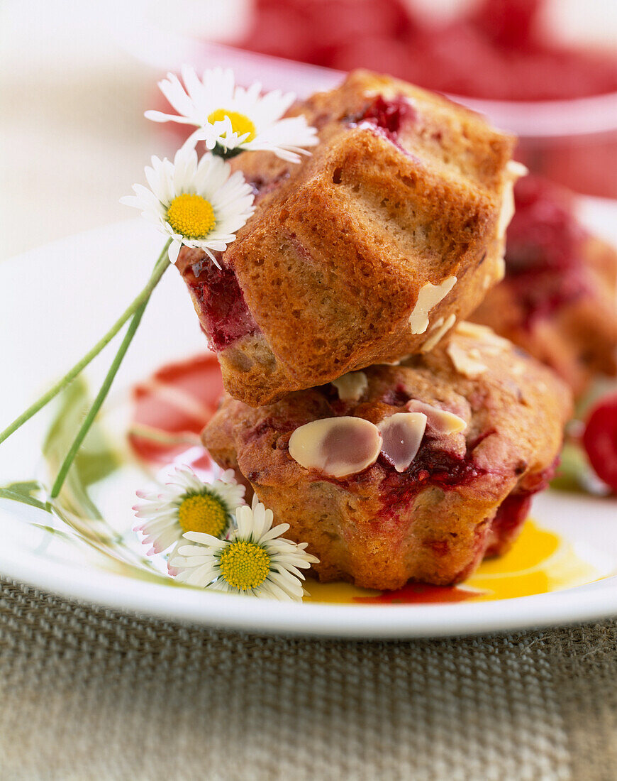 Französische Mandelbiskuit-Küchlein mit Himbeeren