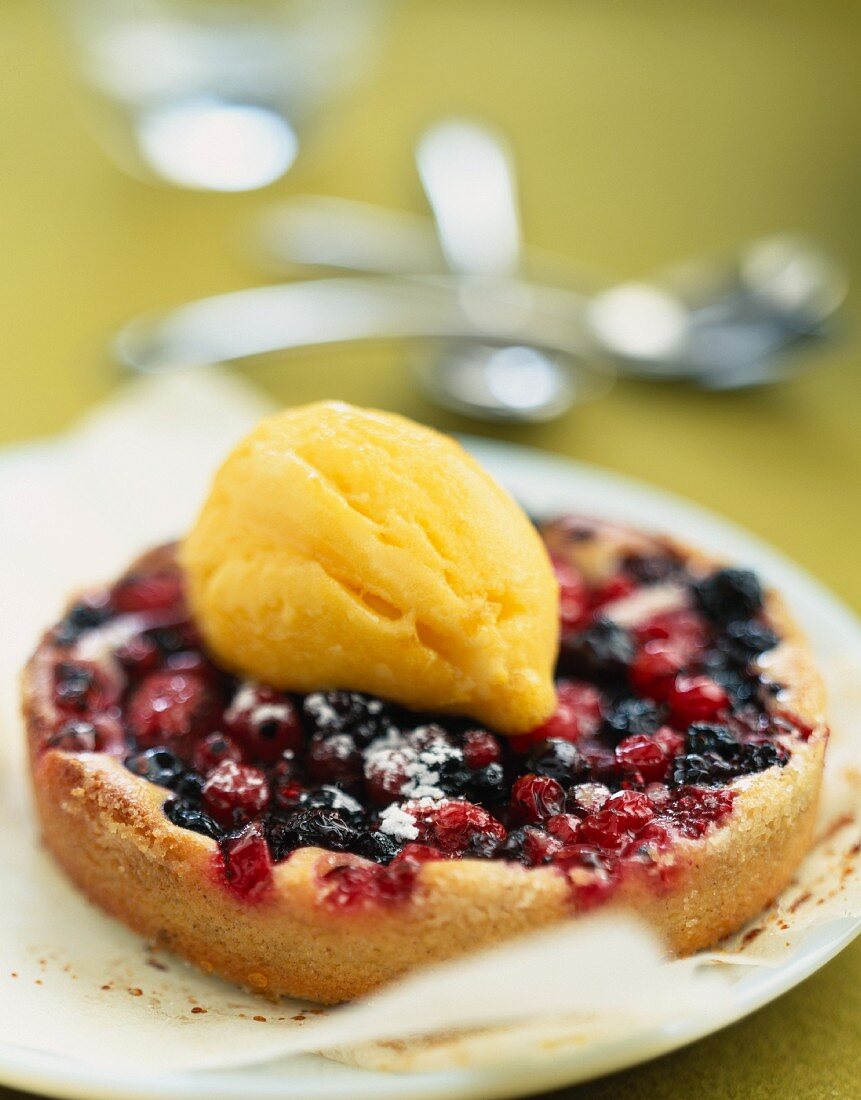 Summer fruit tartlet with passionfruit sorbet