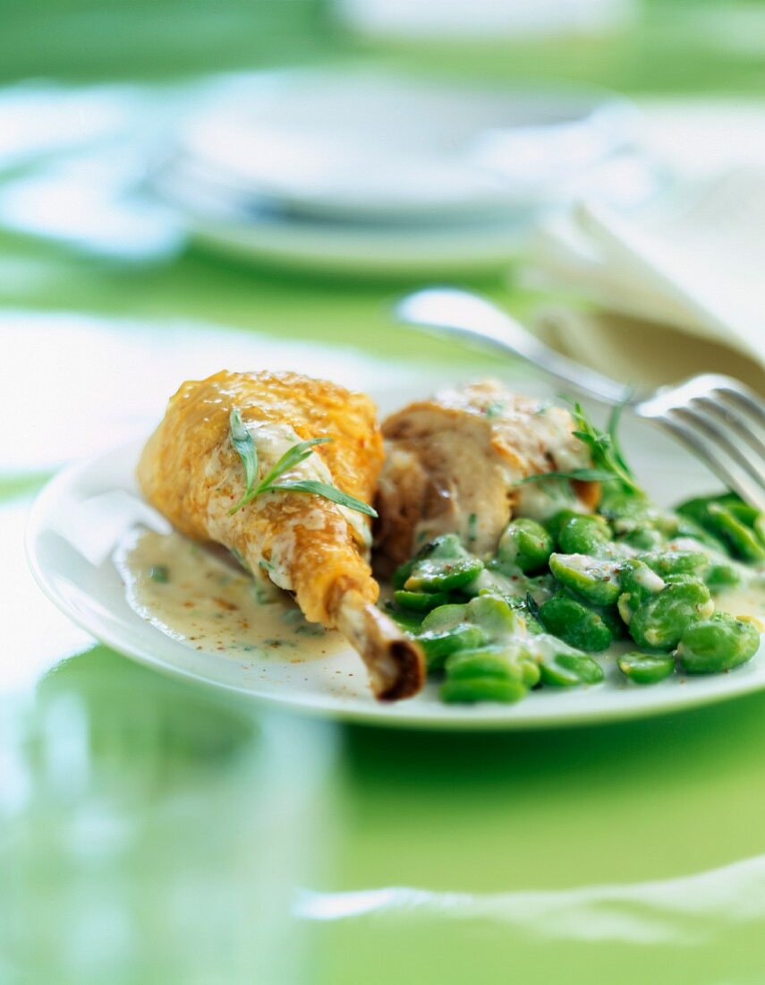 Free-range chicken with tarragon and broad beans