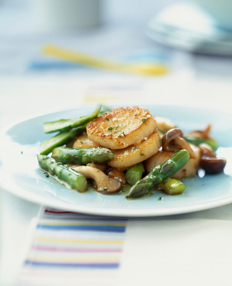 Gebratene Jakobsmuscheln mit Spargel und Pilzen