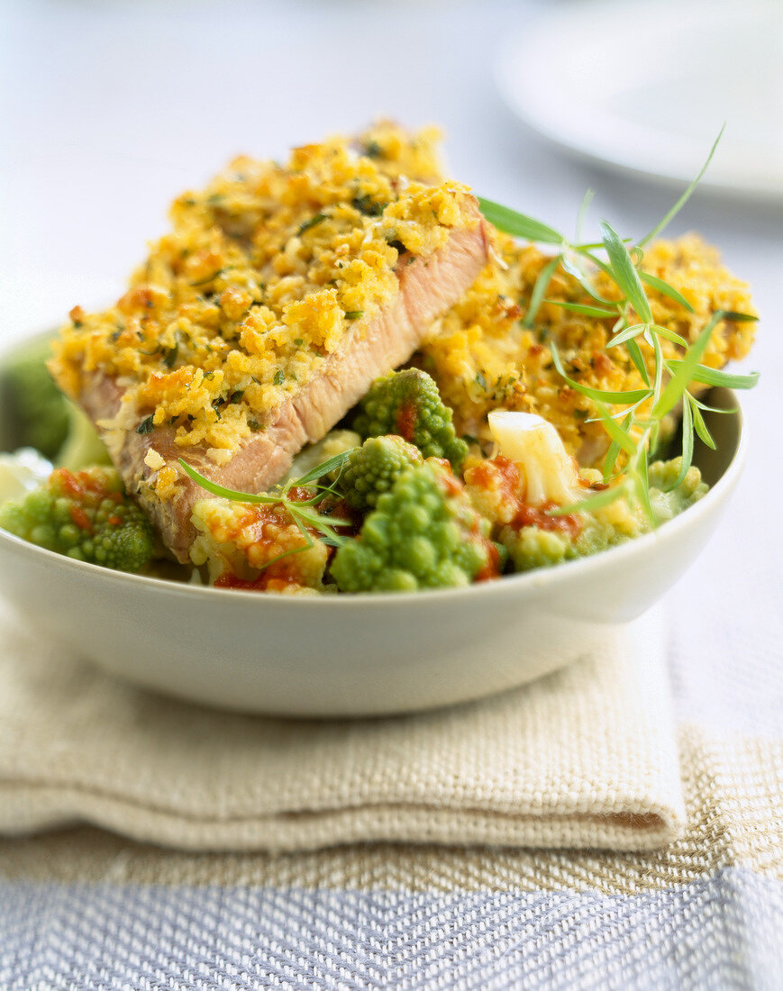 Porc backbone with romanesco cabbage crust