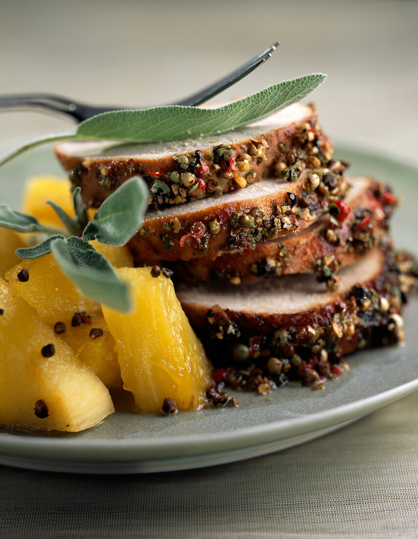 roast pork with spicy coating and pineapple