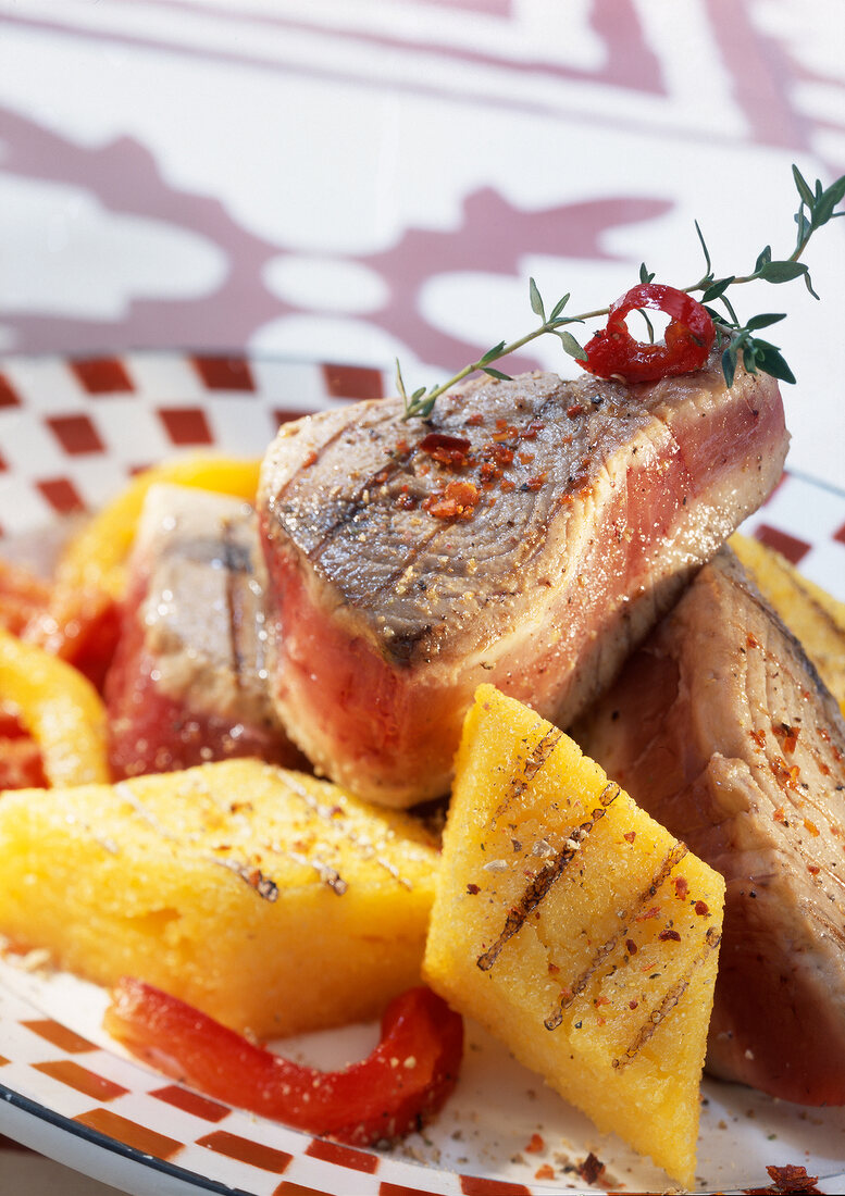 grilled tuna with peppers and polenta