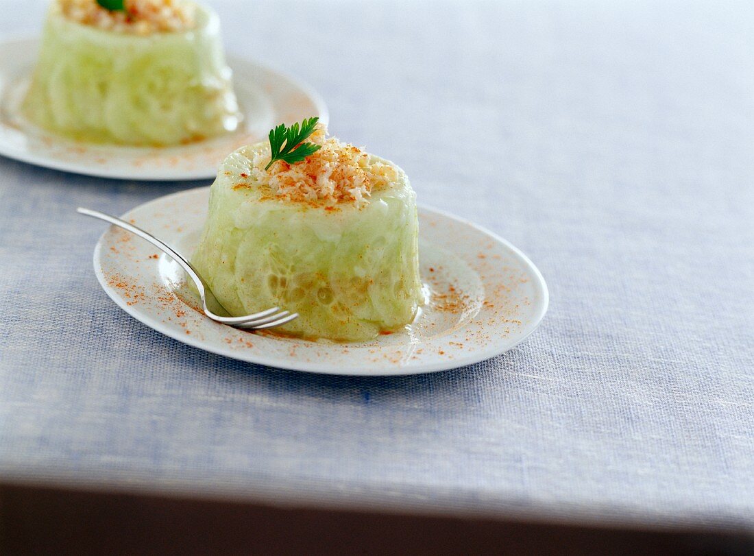 Cucumber, crab and paprika savoury charlottes