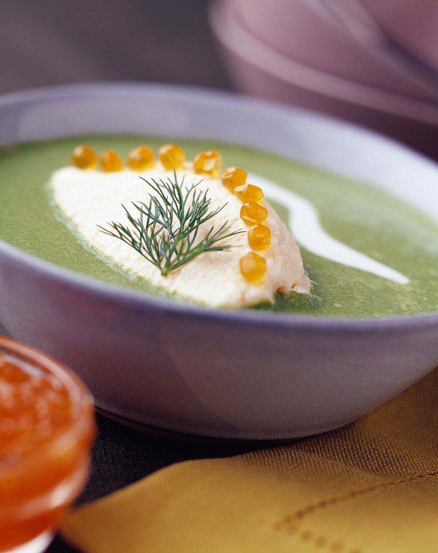 cress soup with salmon roe