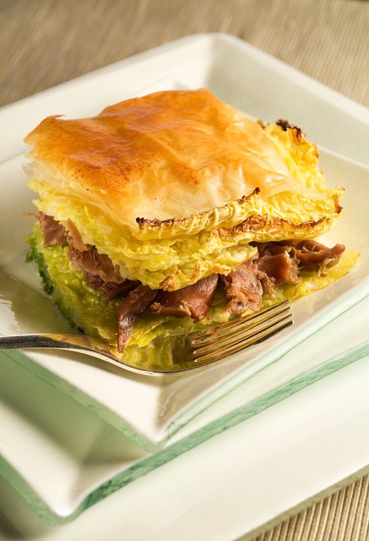 cabbage mille-feuille with duck confit