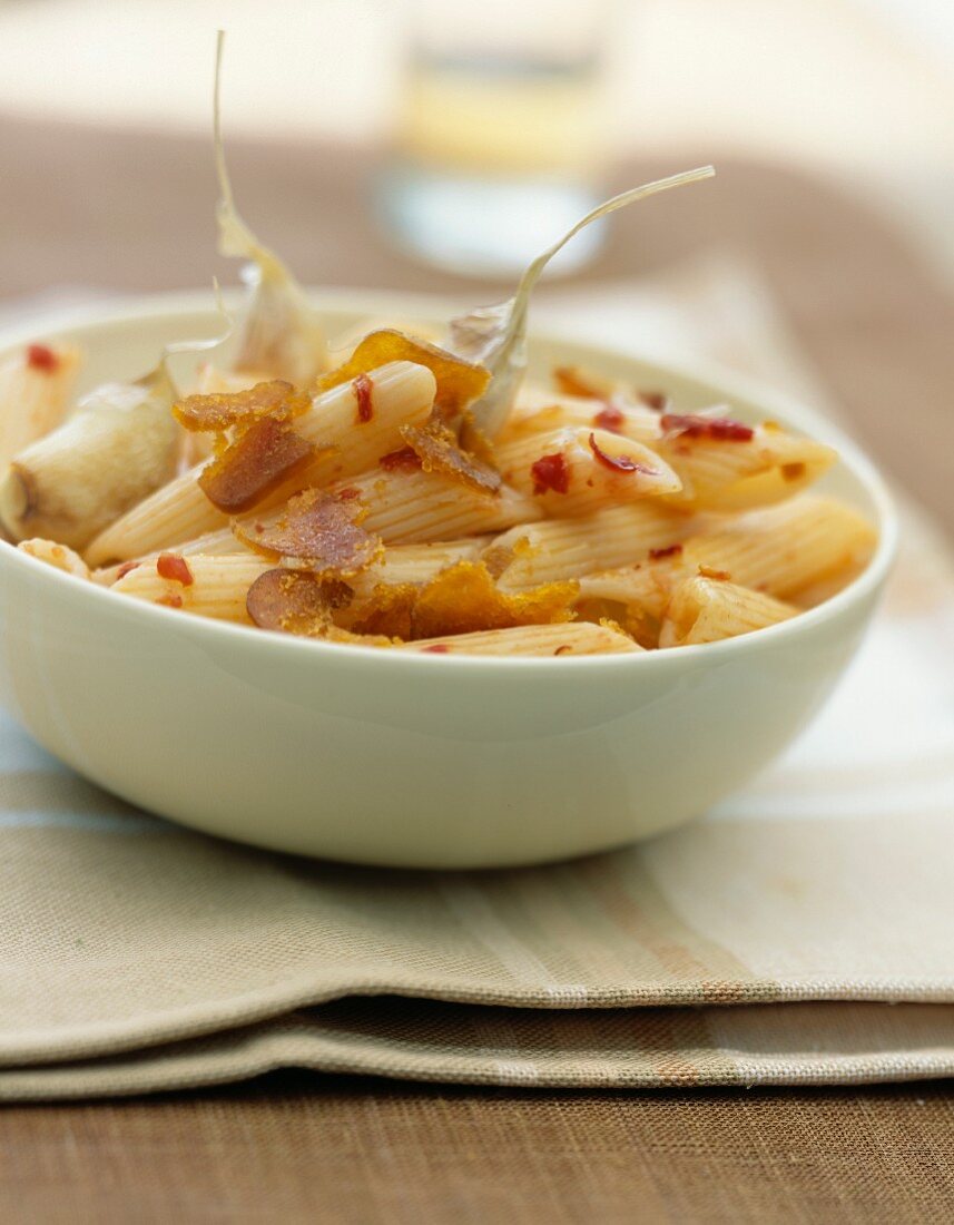 Penne with garlic and aged mimolette