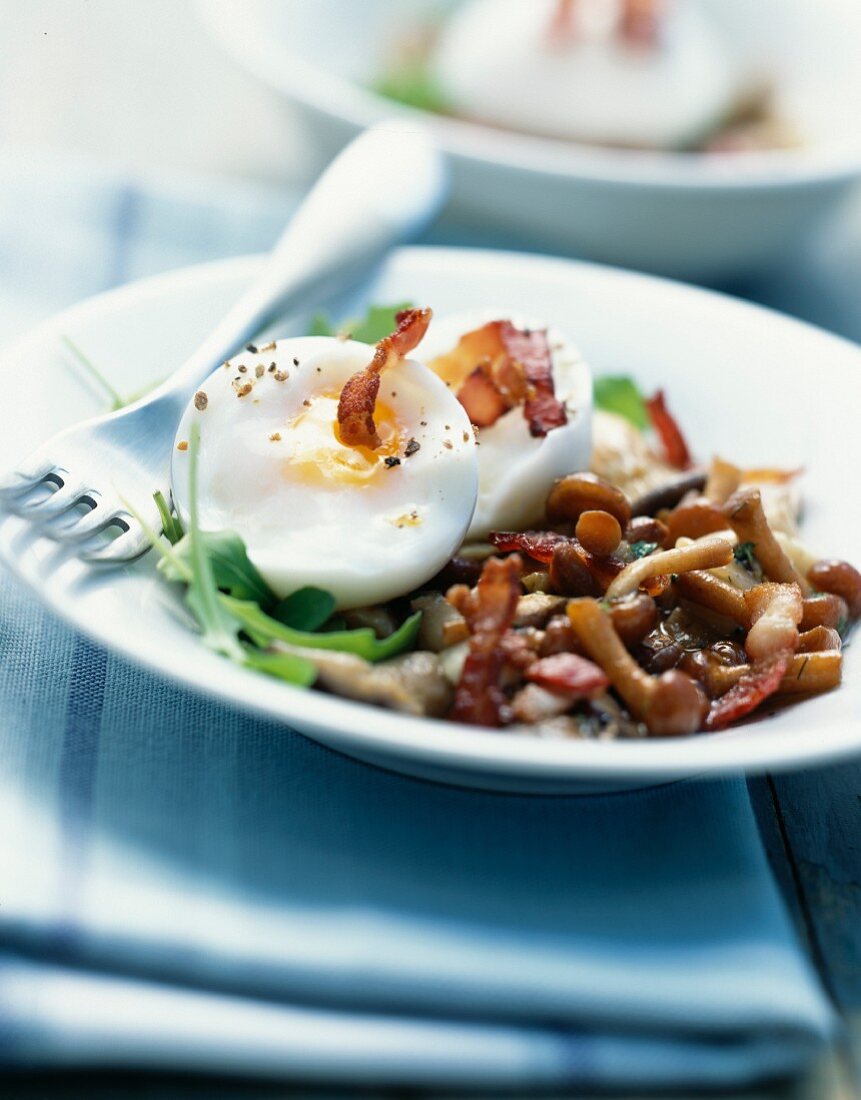 Soft-boiled egg and pan-fried mushrooms