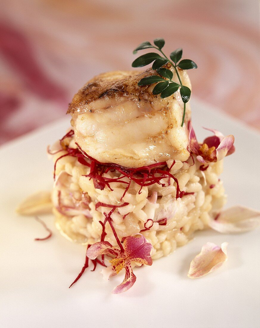 Monkfish with rice and orchids