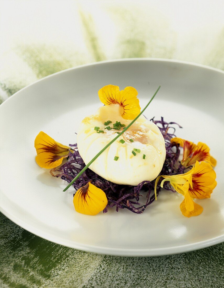 Poached egg with nasturtiums and purple potato
