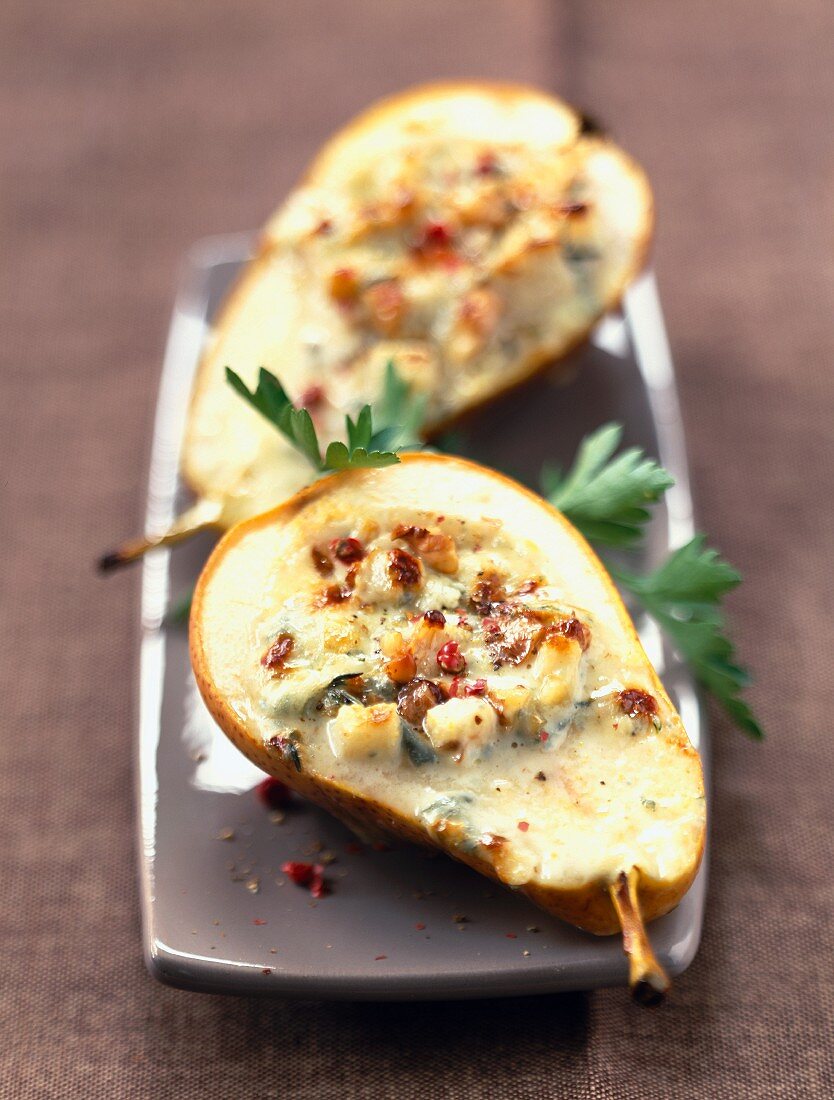pears filled with blue cheese and walnuts