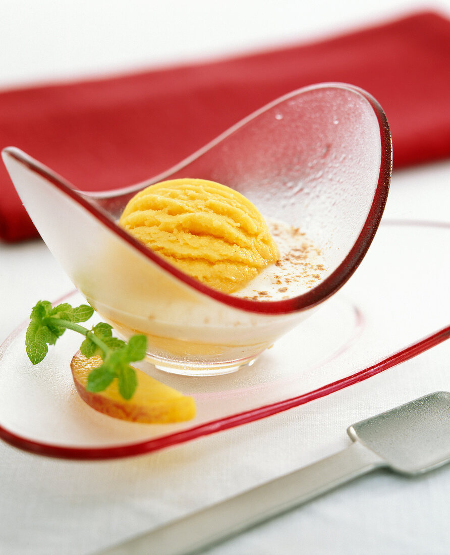 Peach sorbet with fromage blanc and cinnamon