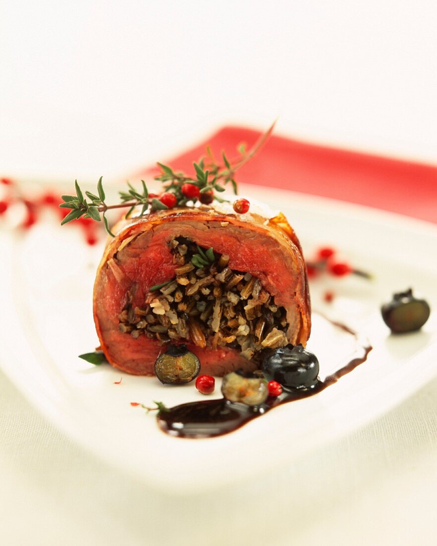 roast veal stuffed with wild rice and blueberries