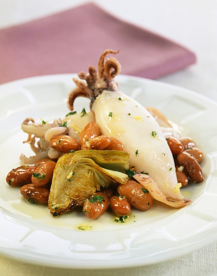 squid with red beans and fried artichoke