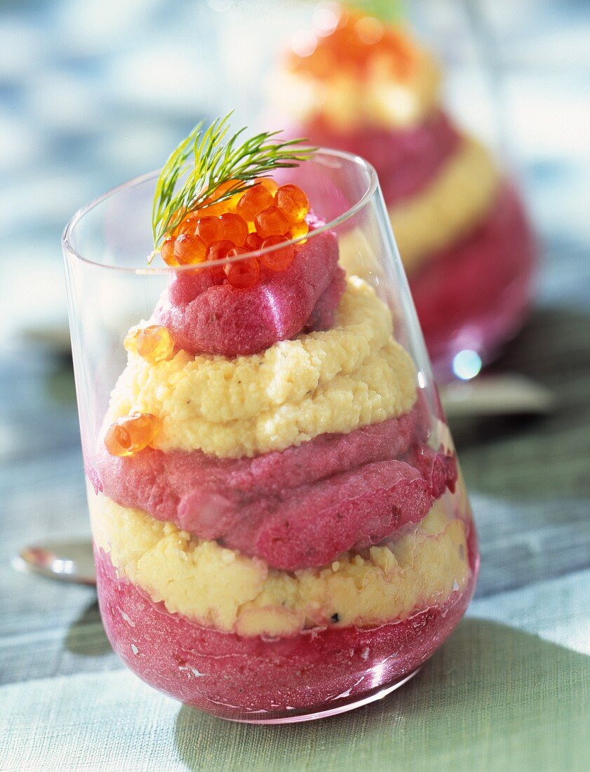 Scrambled eggs with beetroot mousse