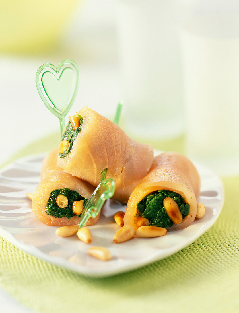 Smoked salmon,spinach and pine nut rolls