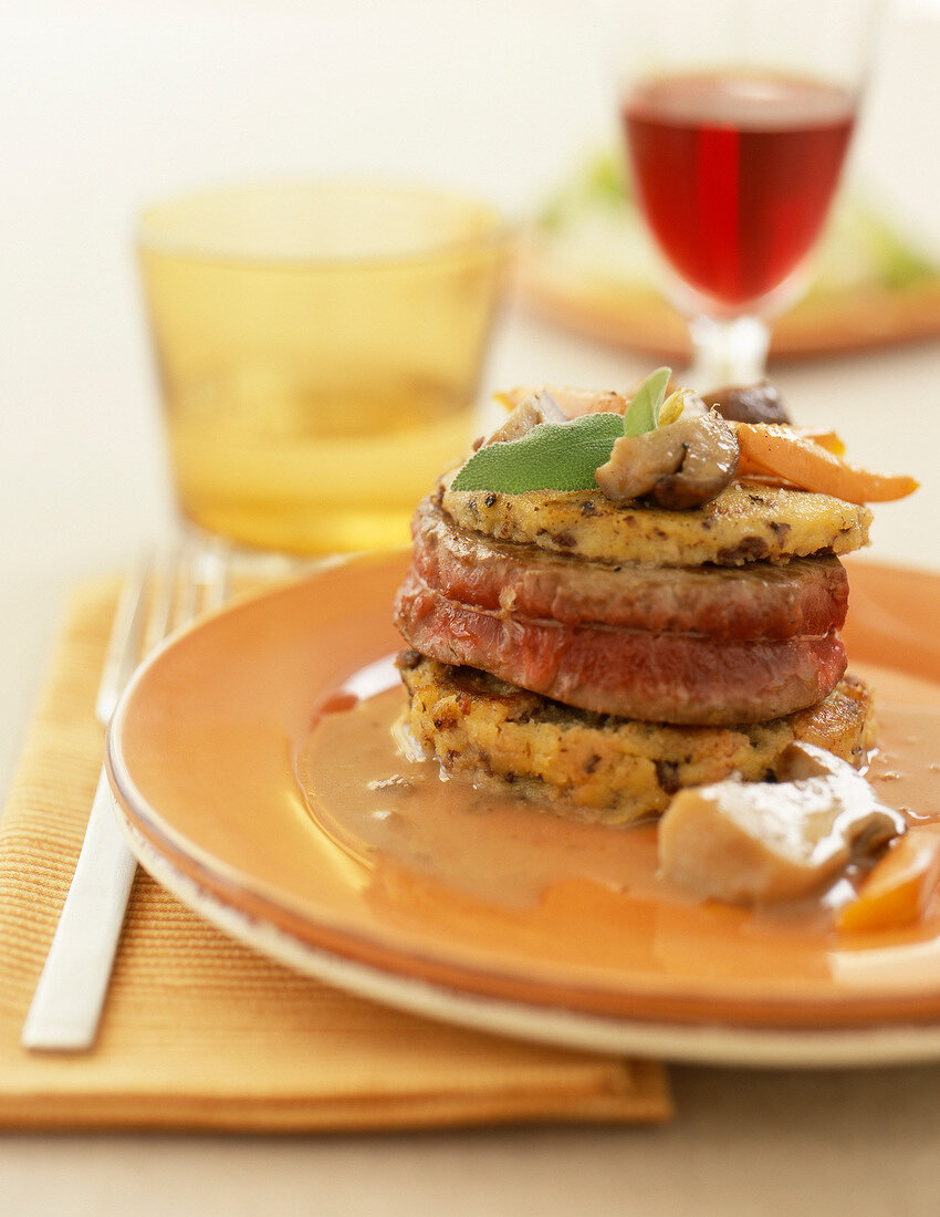 Tournedos and mushroom galette mille-feuille