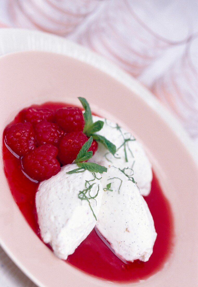 Frischkäsenocken auf Himbeersauce mit Himbeeren und Minze