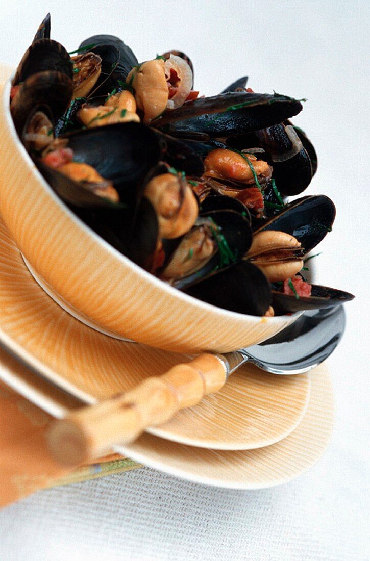 Mussels in a white wine broth with chorizo
