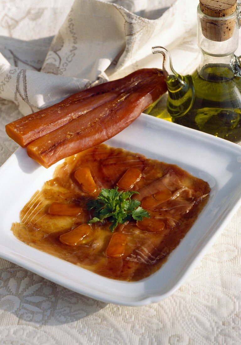 Marinated tuna fish with olive oil and poutargue (mullet roe) from Martigues