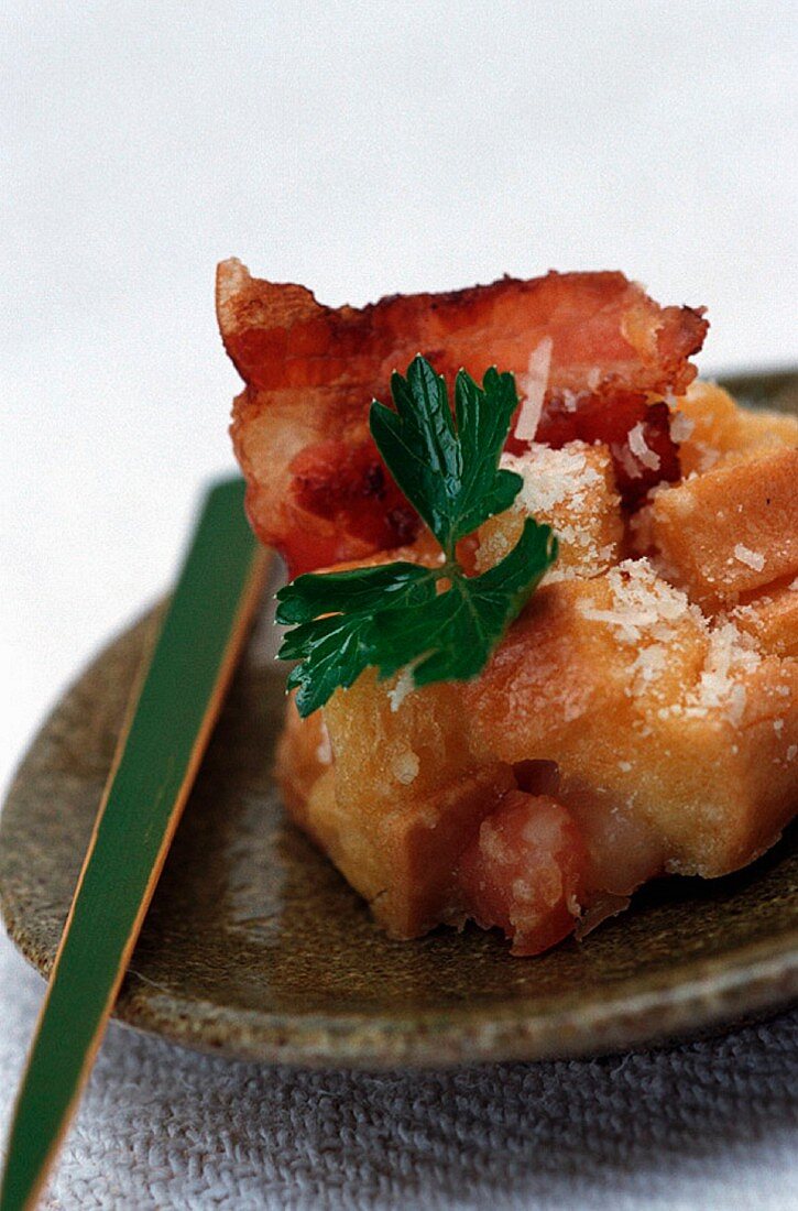 French toast bites with bacon and Parmesan