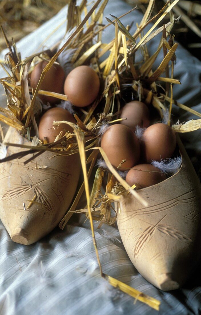 Frische Eier und Stroh in Holzschuhen