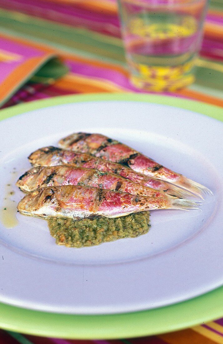 Grilled red mullet on green tapenade