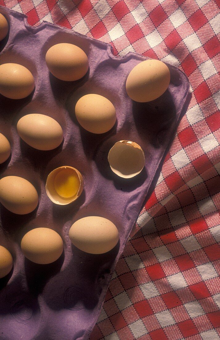 Eier im Karton auf rotkarierter Tischdecke
