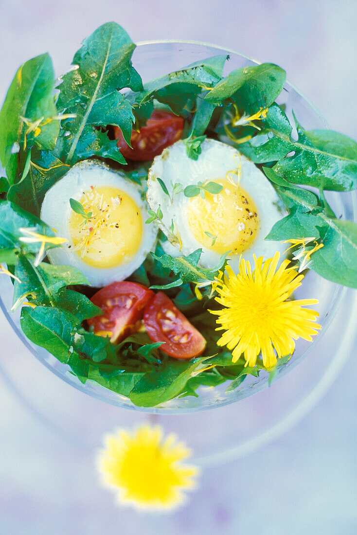 quail egg and dandelion salad