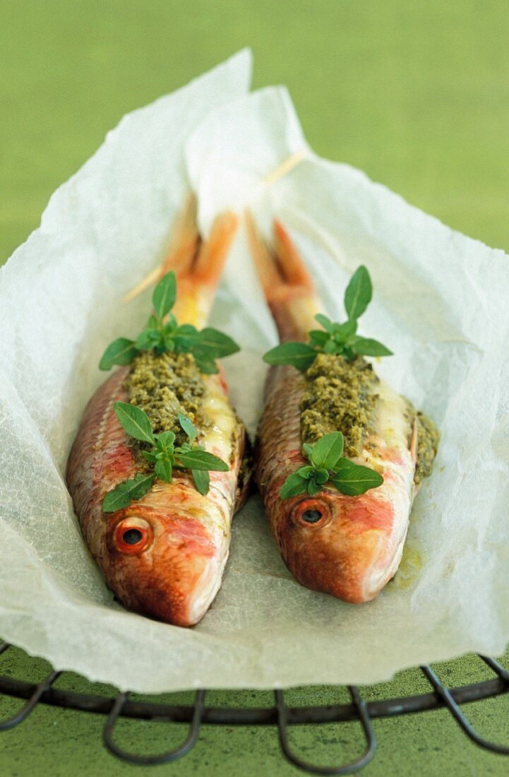 Papillote of surmullet with pesto