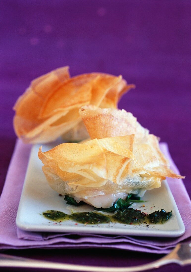 Scallop,spinach and fresh herb filo pastry purse