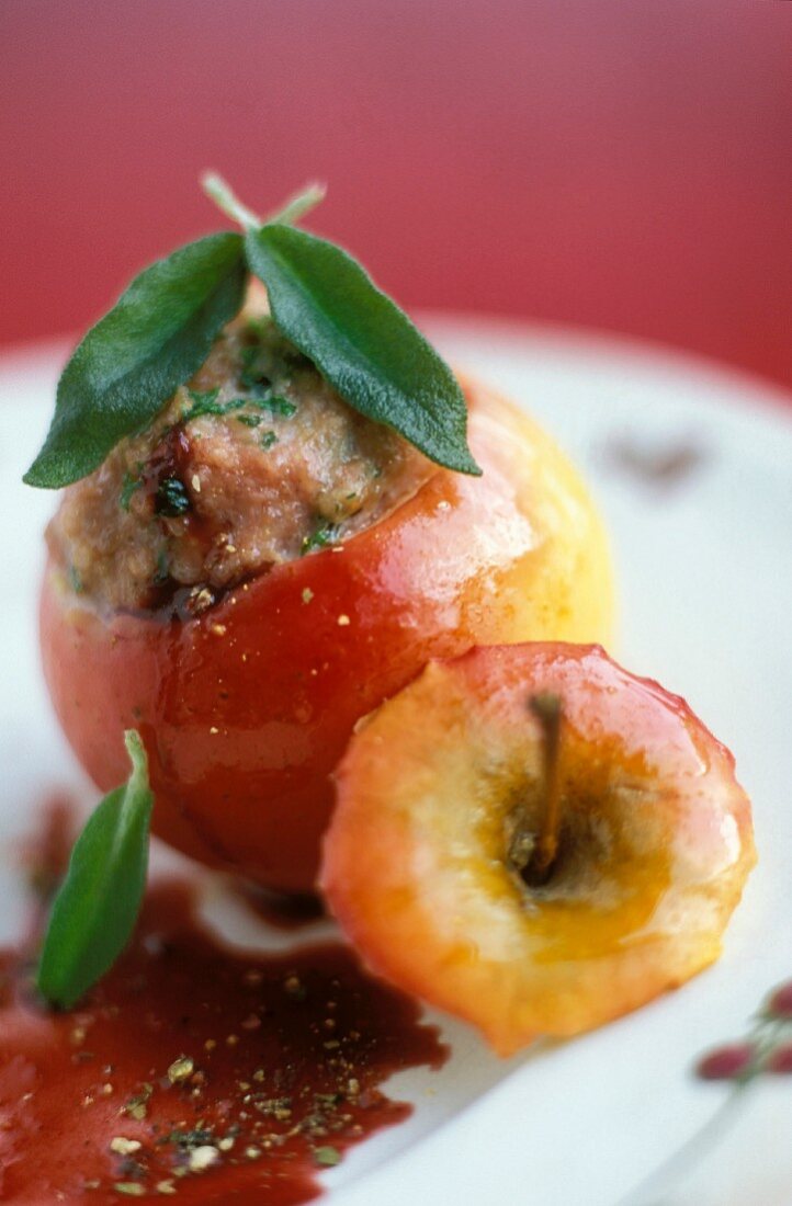 A baked apple filled with veal and Port wine sauce