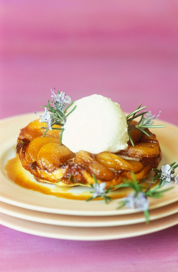 Apricot tart tatin with rosemary and vanilla ice cream