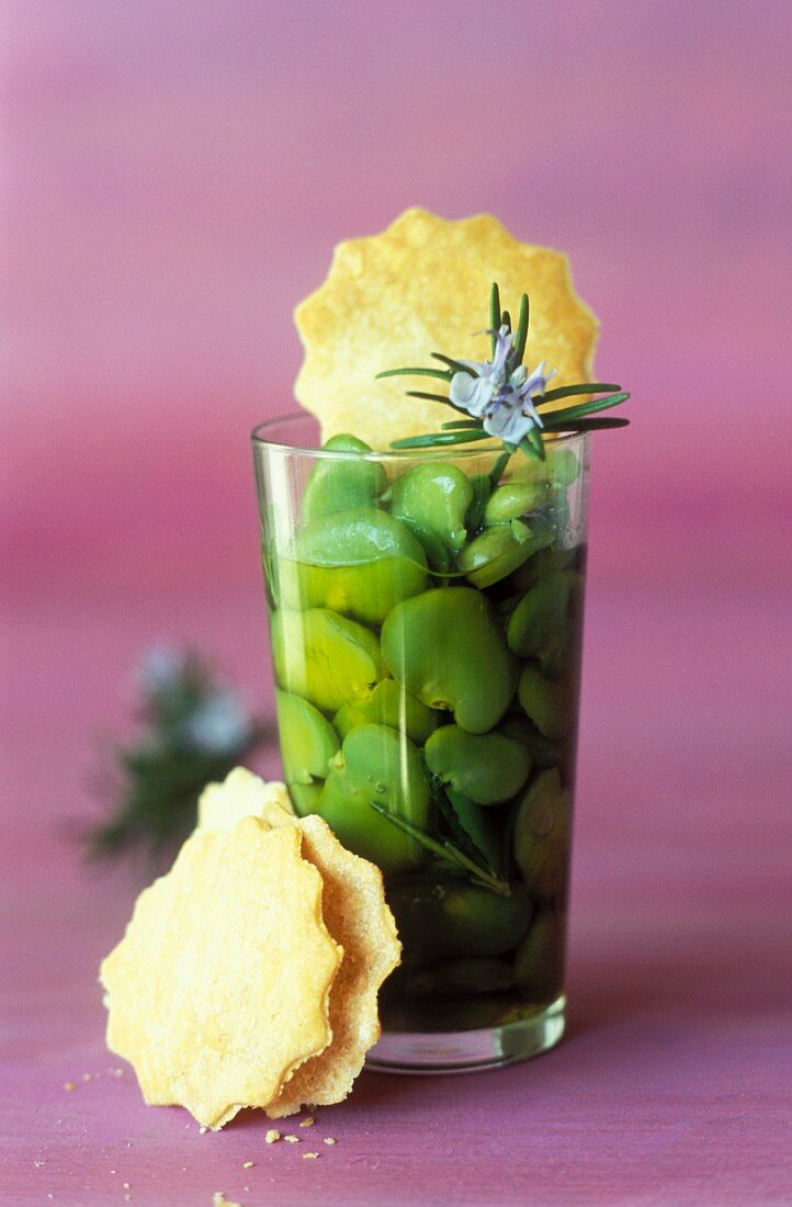 Broad beans with rosemary and parmesan wafers